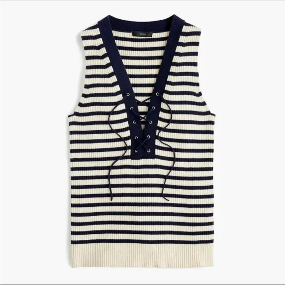 J CREW Sweater RIBBED LACE-UP Striped Tank Fitted Navy Ecru Cotton XS
